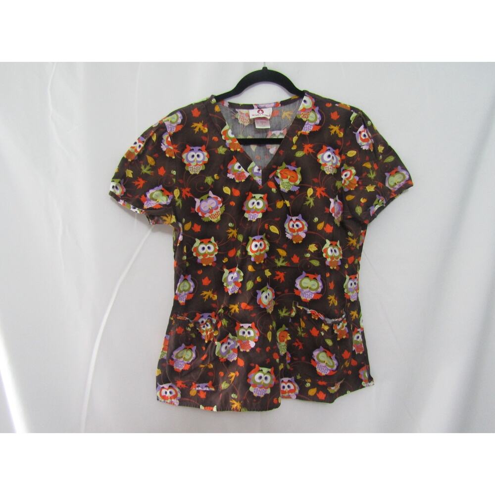 White Cross Scrub Top S Brown Owl‎ Print Autumn Leaves Medical Uniform